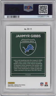 Jahmyr Gibbs from the 2023 Donruss Optic set graded by PSA and given an overall grade of 9.
