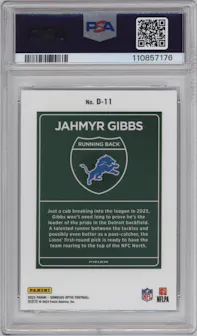 Jahmyr Gibbs from the 2023 Donruss Optic set graded by PSA and given an overall grade of 9.