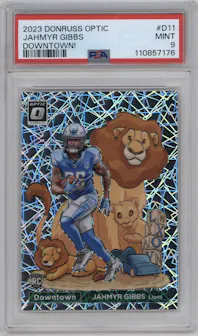 Jahmyr Gibbs from the 2023 Donruss Optic set graded by PSA and given an overall grade of 9.