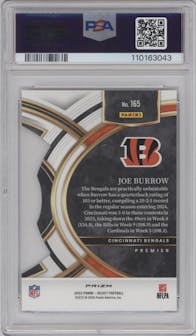 Joe Burrow from the 2023 Panini Select set featuring a Die-Cut Red/Blue parallel graded by PSA and given an overall grade of 10.