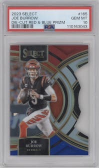 Joe Burrow from the 2023 Panini Select set featuring a Die-Cut Red/Blue parallel graded by PSA and given an overall grade of 10.