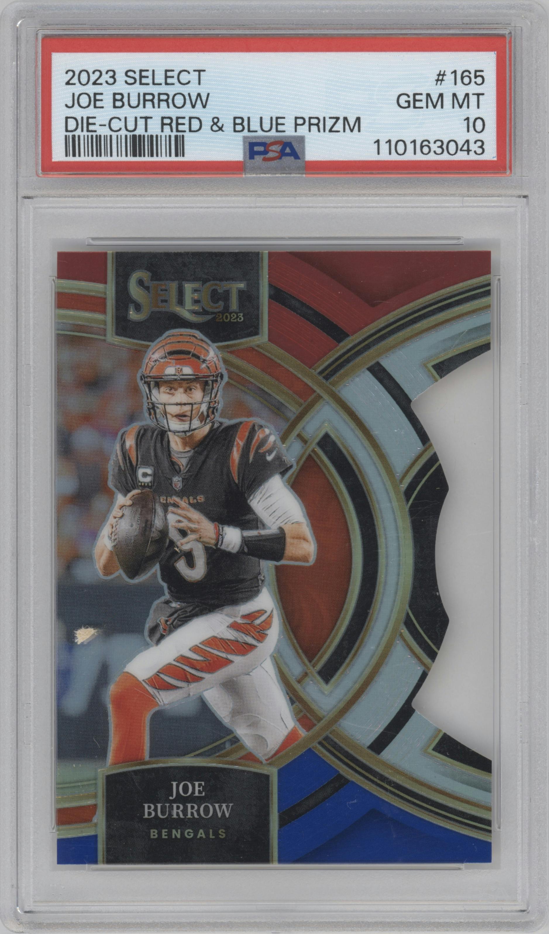 Joe Burrow from the 2023 Panini Select set featuring a Die-Cut Red/Blue parallel graded by PSA and given an overall grade of 10.