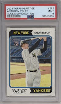 Anthony Volpe from the 2023 Topps Heritage set graded by PSA and given an overall grade of 9.