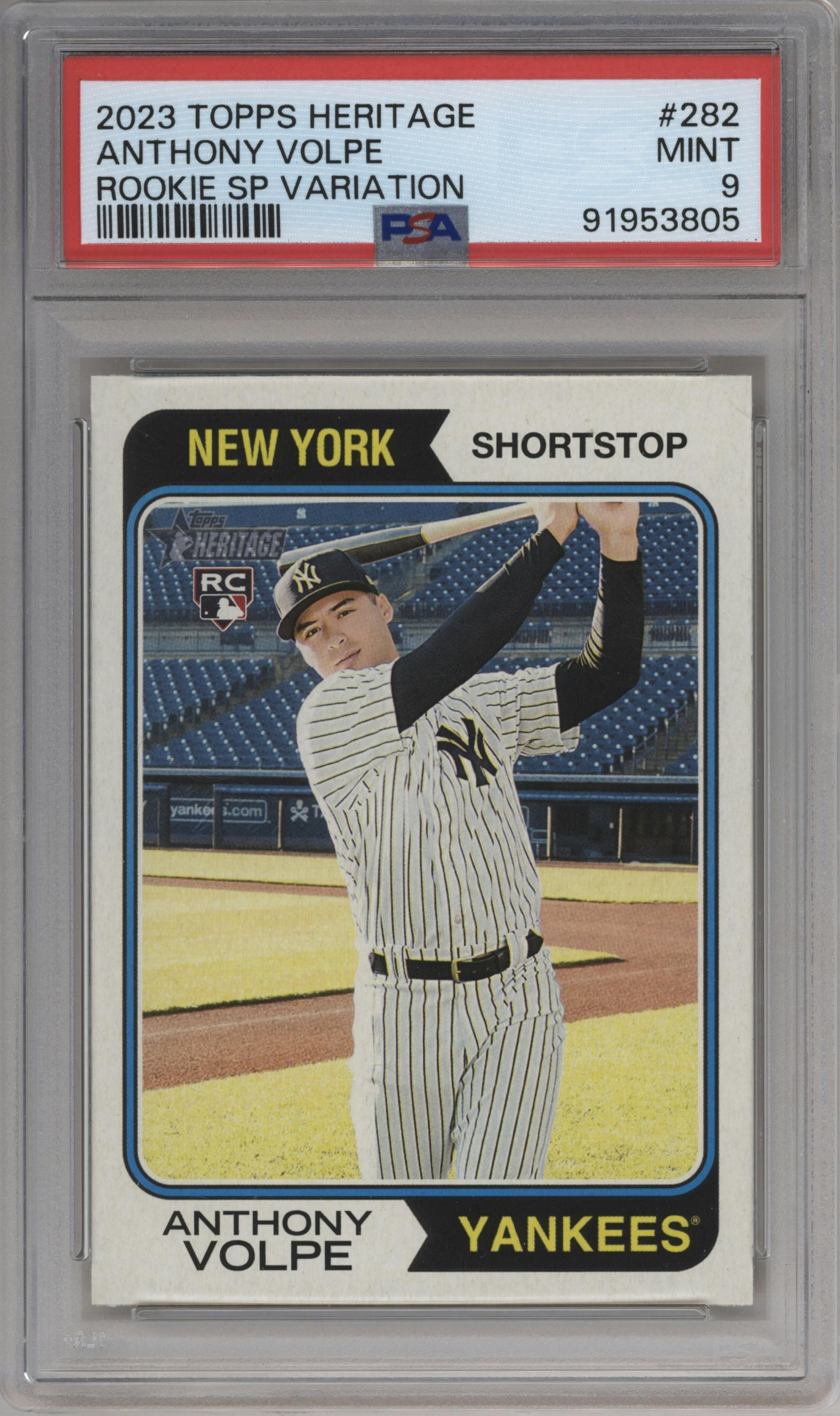 Anthony Volpe from the 2023 Topps Heritage set graded by PSA and given an overall grade of 9.