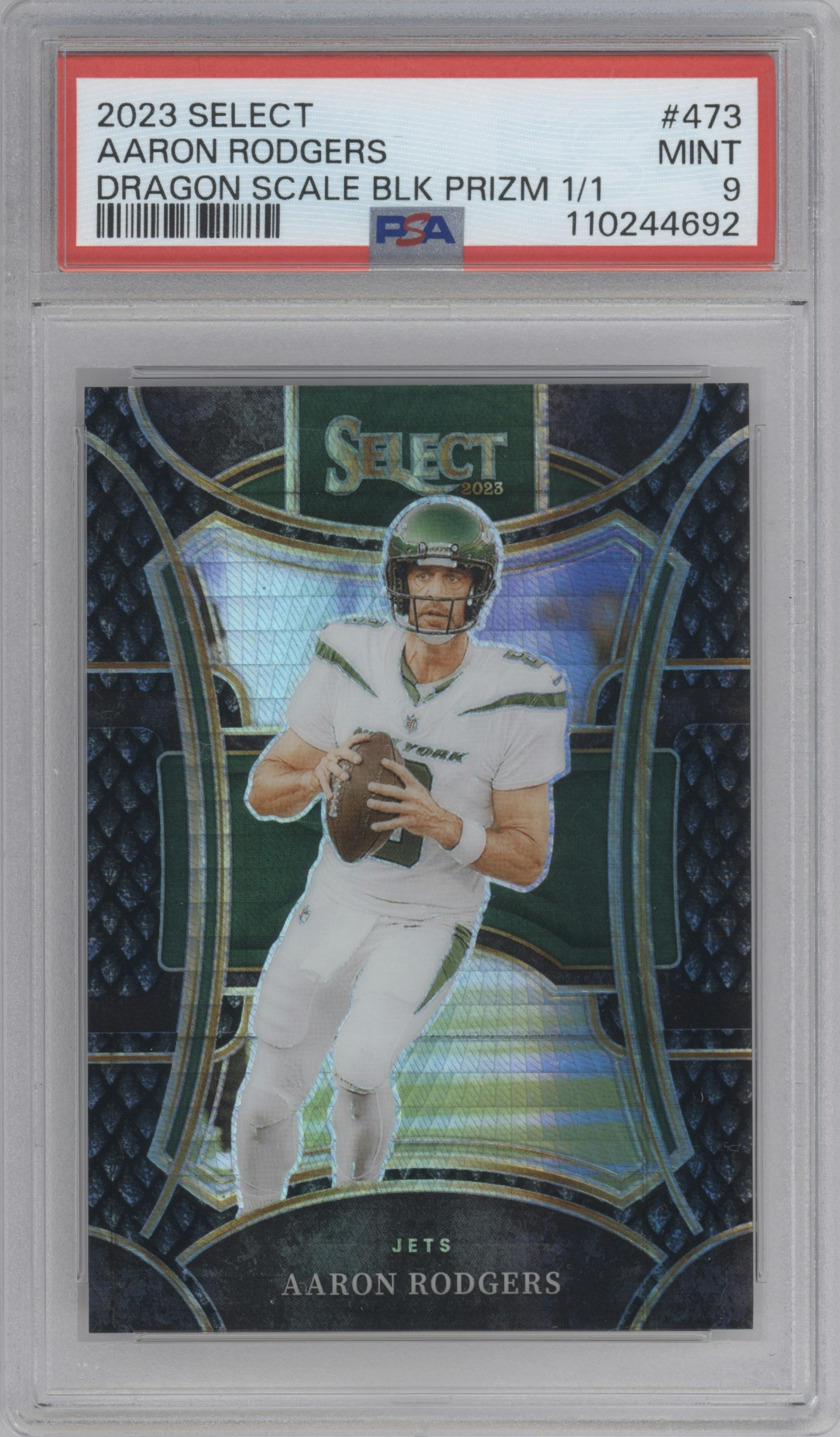 Aaron Rodgers from the 2023 Panini Select set featuring a Black Dragon Scale parallel graded by PSA and given an overall grade of 9.