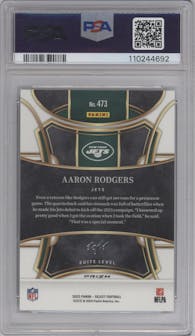 Aaron Rodgers from the 2023 Panini Select set featuring a Black Dragon Scale parallel graded by PSA and given an overall grade of 9.