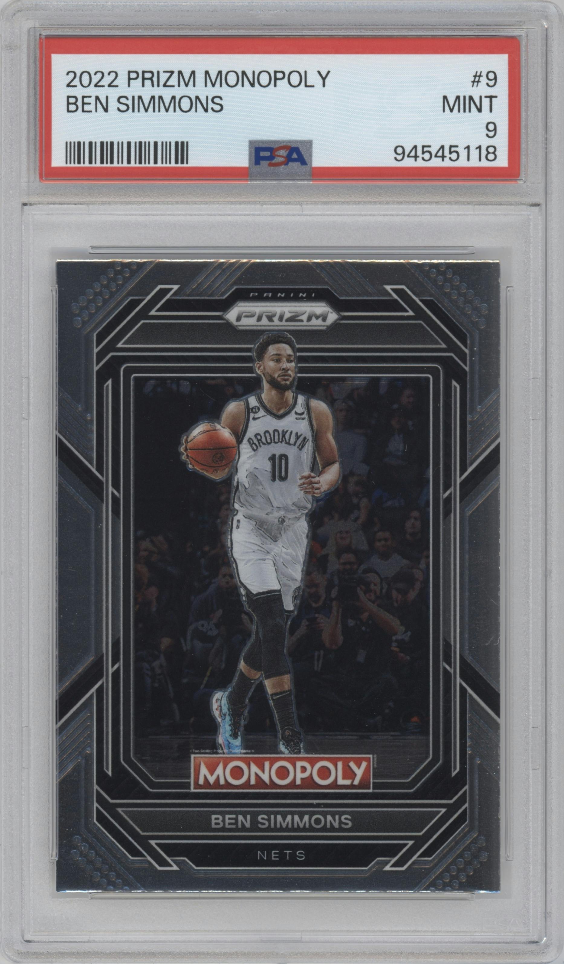 Ben Simmons from the 2022-23 Panini Prizm Monopoly set graded by PSA and given an overall grade of 9.