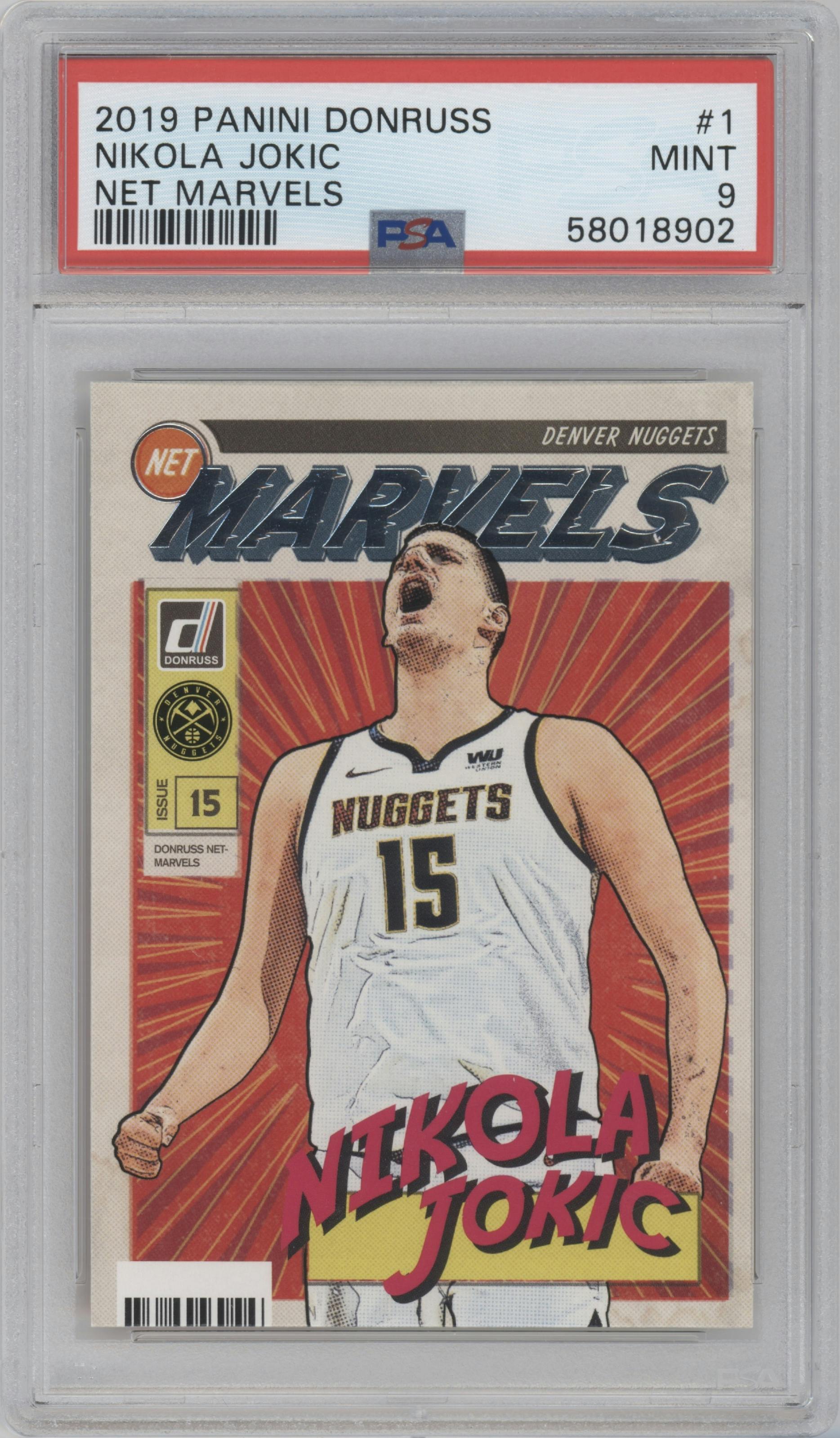 Nikola Jokic from the 2019-20 Panini Donruss set graded by PSA and given an overall grade of 9.