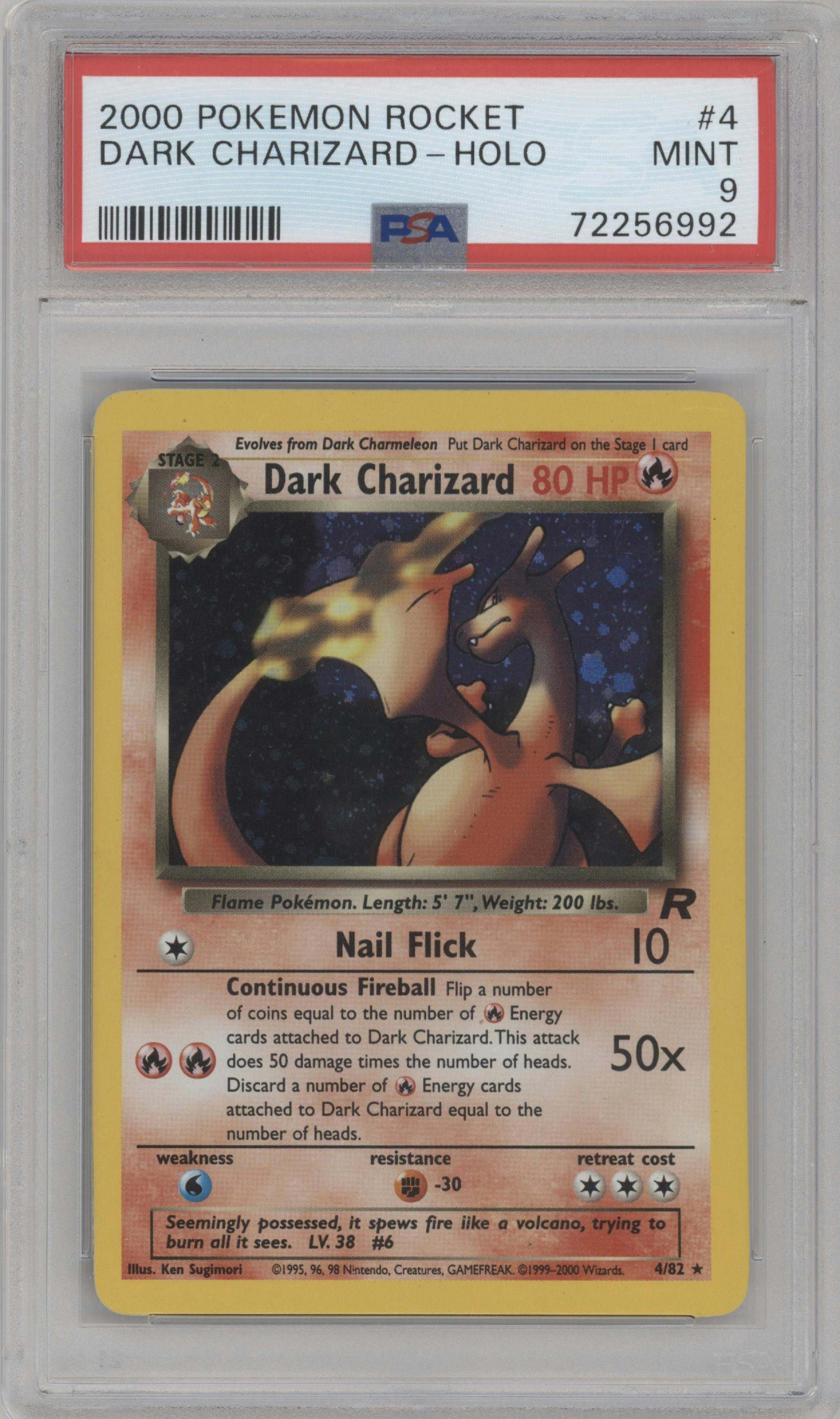 Dark Charizard from the 2000 Pokemon set graded by PSA and given an overall grade of 9.