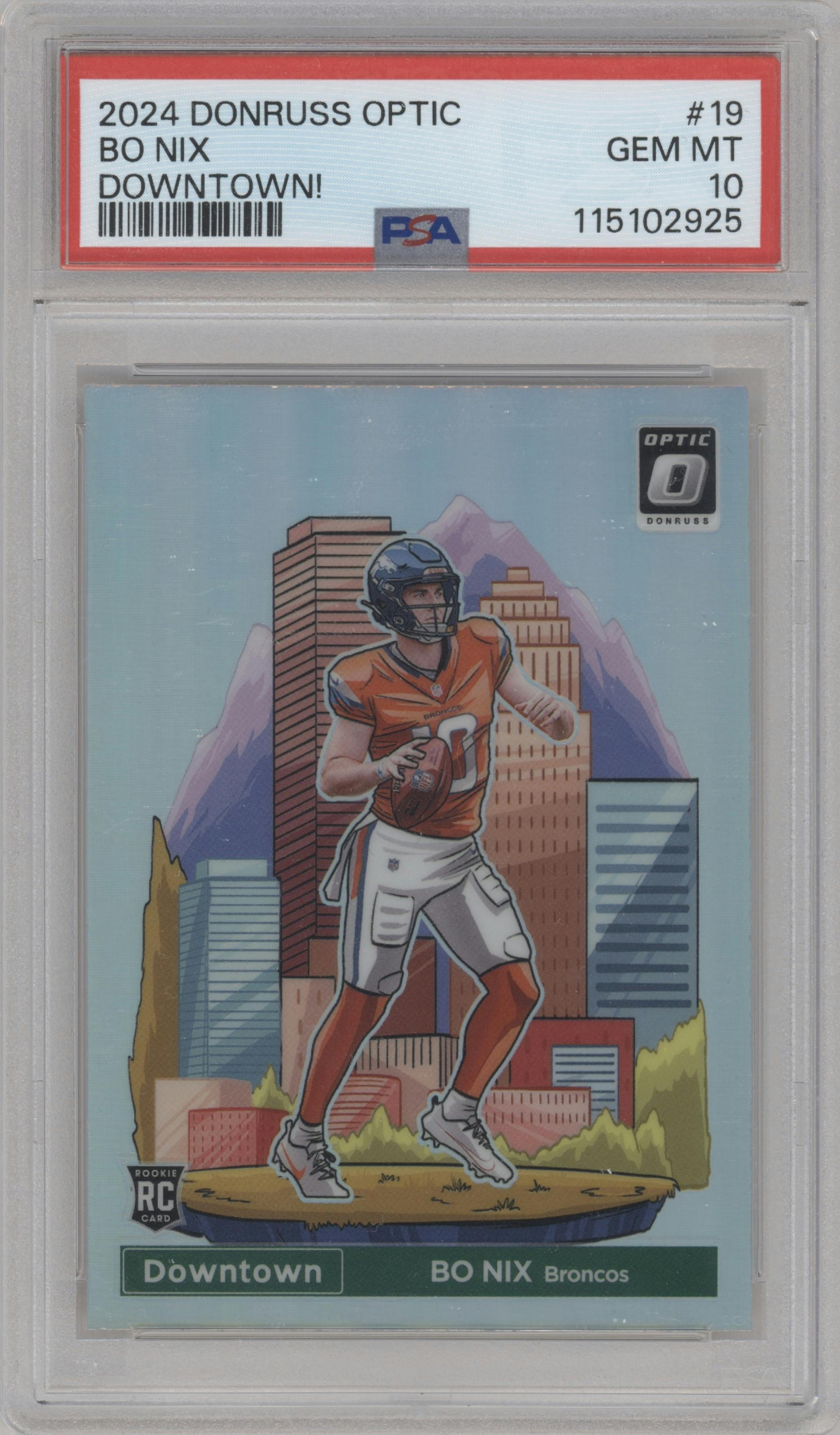 Bo Nix from the 2024 Donruss Optic set graded by PSA and given an overall grade of 10.
