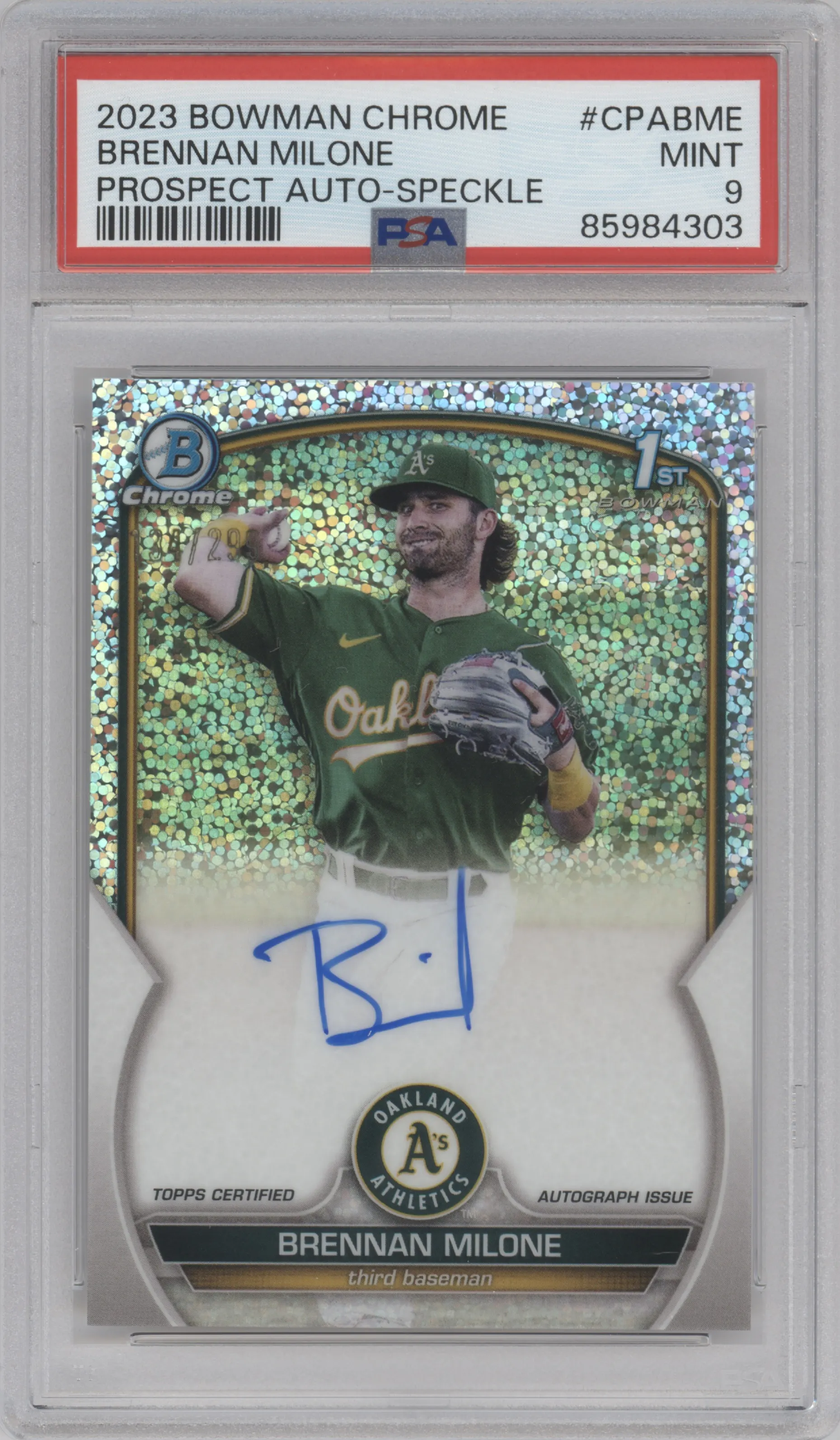 2023 Bowman Chrome Chr.Pros.Auto Brennan Milone Speckle Refractor #CPA-BME PSA 9