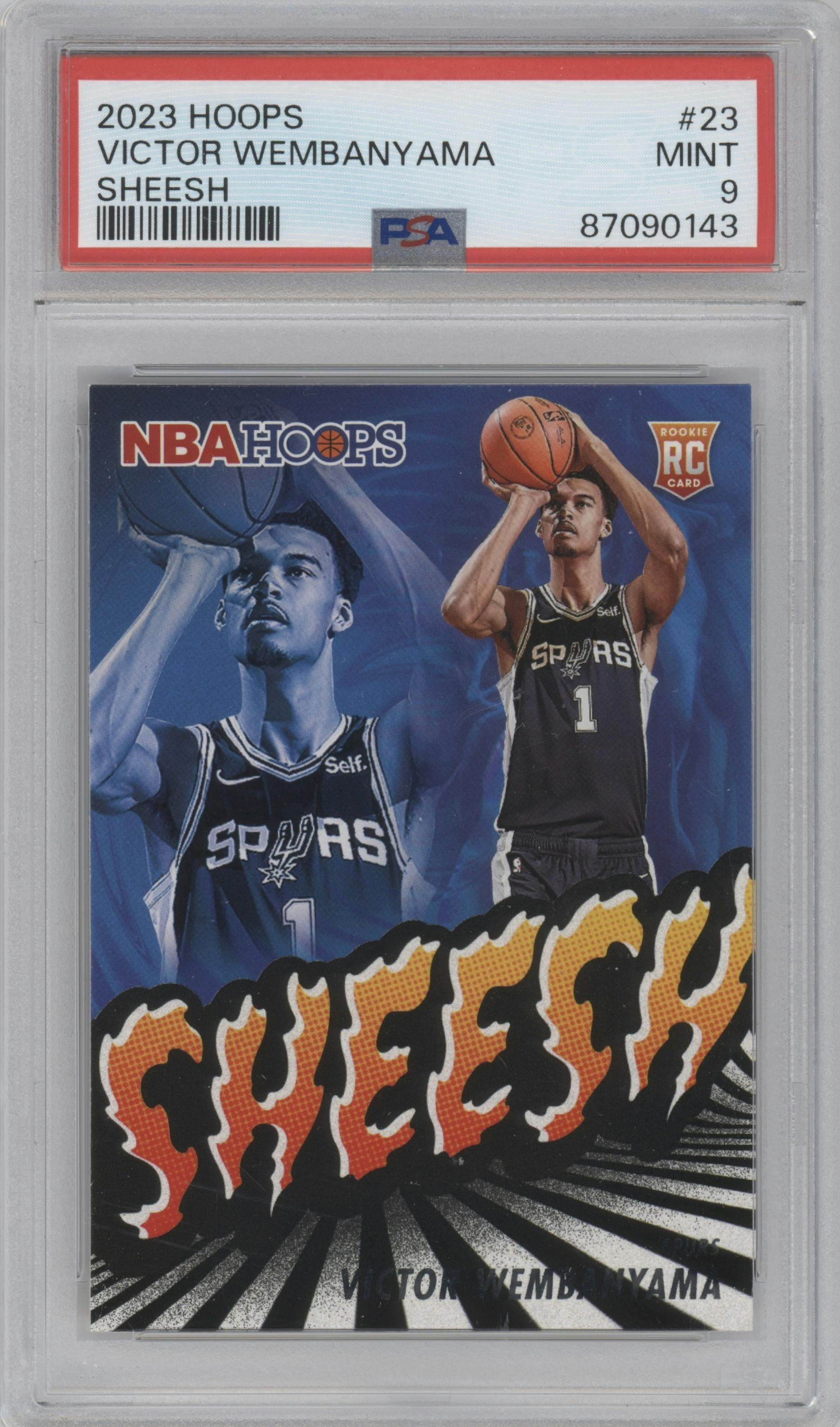 Victor Wembanyama from the 2023-24 Panini NBA Hoops set graded by PSA and given an overall grade of 9.