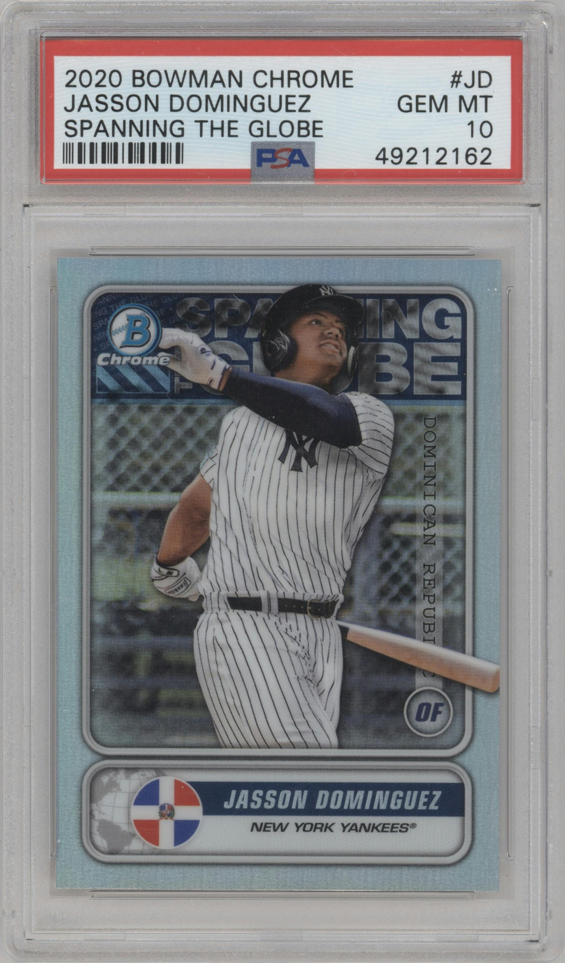 Jasson Dominguez from the 2020 Bowman set graded by PSA and given an overall grade of 10.