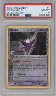 Espeon from the 2005 Pokemon EX set graded by PSA and given an overall grade of 8.