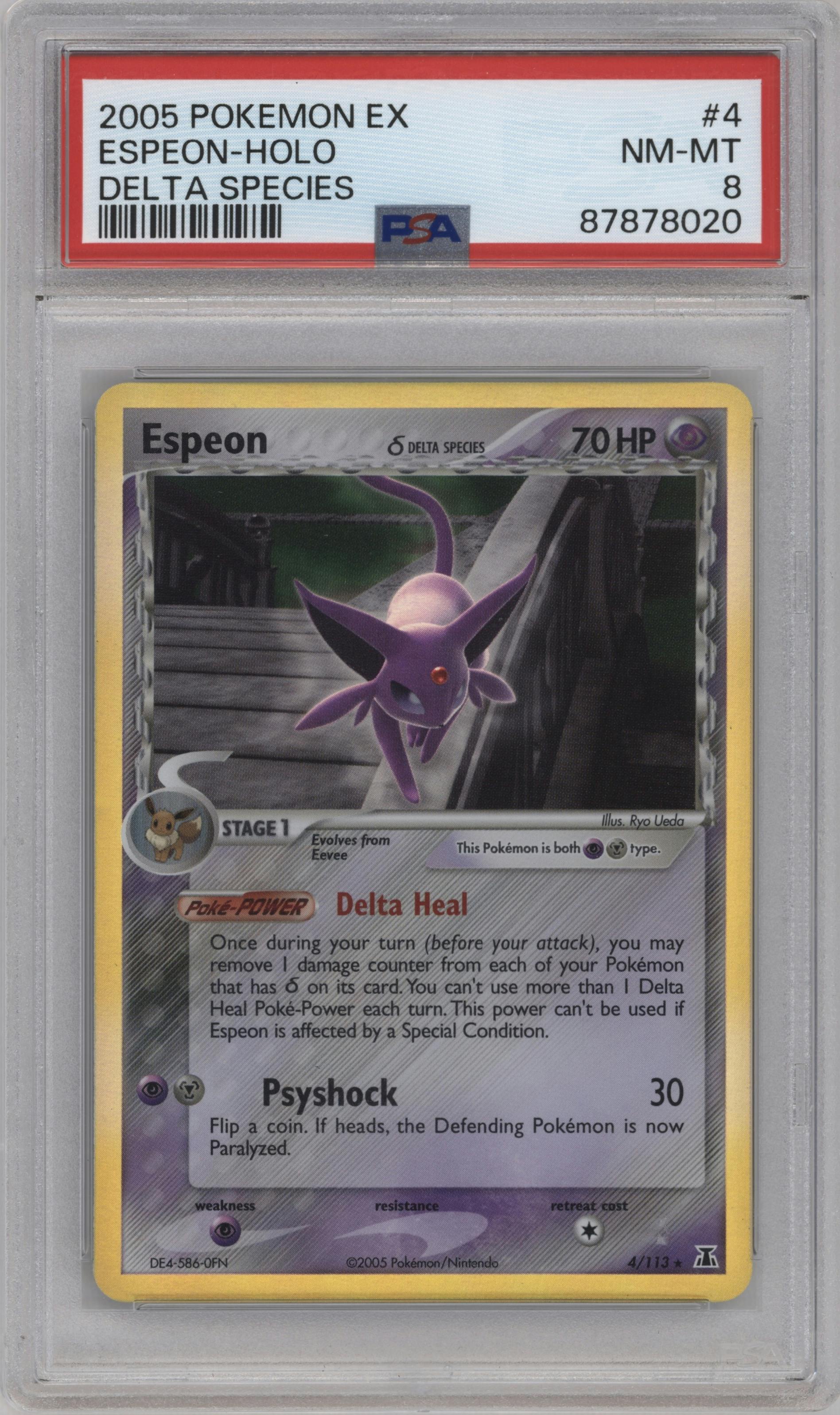 Espeon from the 2005 Pokemon EX set graded by PSA and given an overall grade of 8.