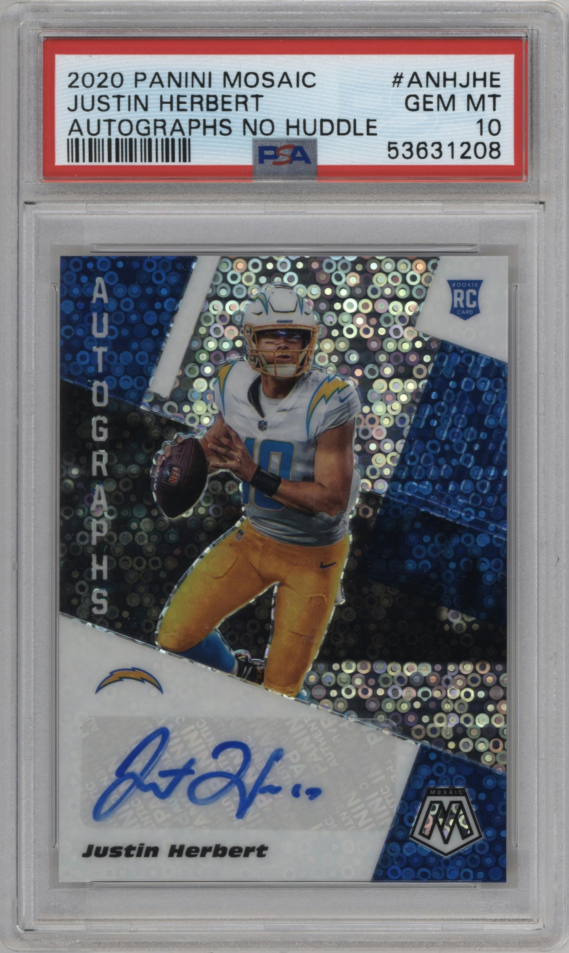 Justin Herbert from the 2020 Panini Mosaic set graded by PSA and given an overall grade of 10.