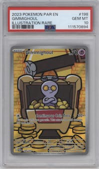 Gimmighoul from the 2023 Pokemon SV set graded by PSA and given an overall grade of 10.