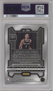 Victor Wembanyama from the 2023-24 Panini Prizm set featuring a Silver Prizm  parallel graded by PSA and given an overall grade of 9.