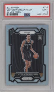 Victor Wembanyama from the 2023-24 Panini Prizm set featuring a Silver Prizm  parallel graded by PSA and given an overall grade of 9.