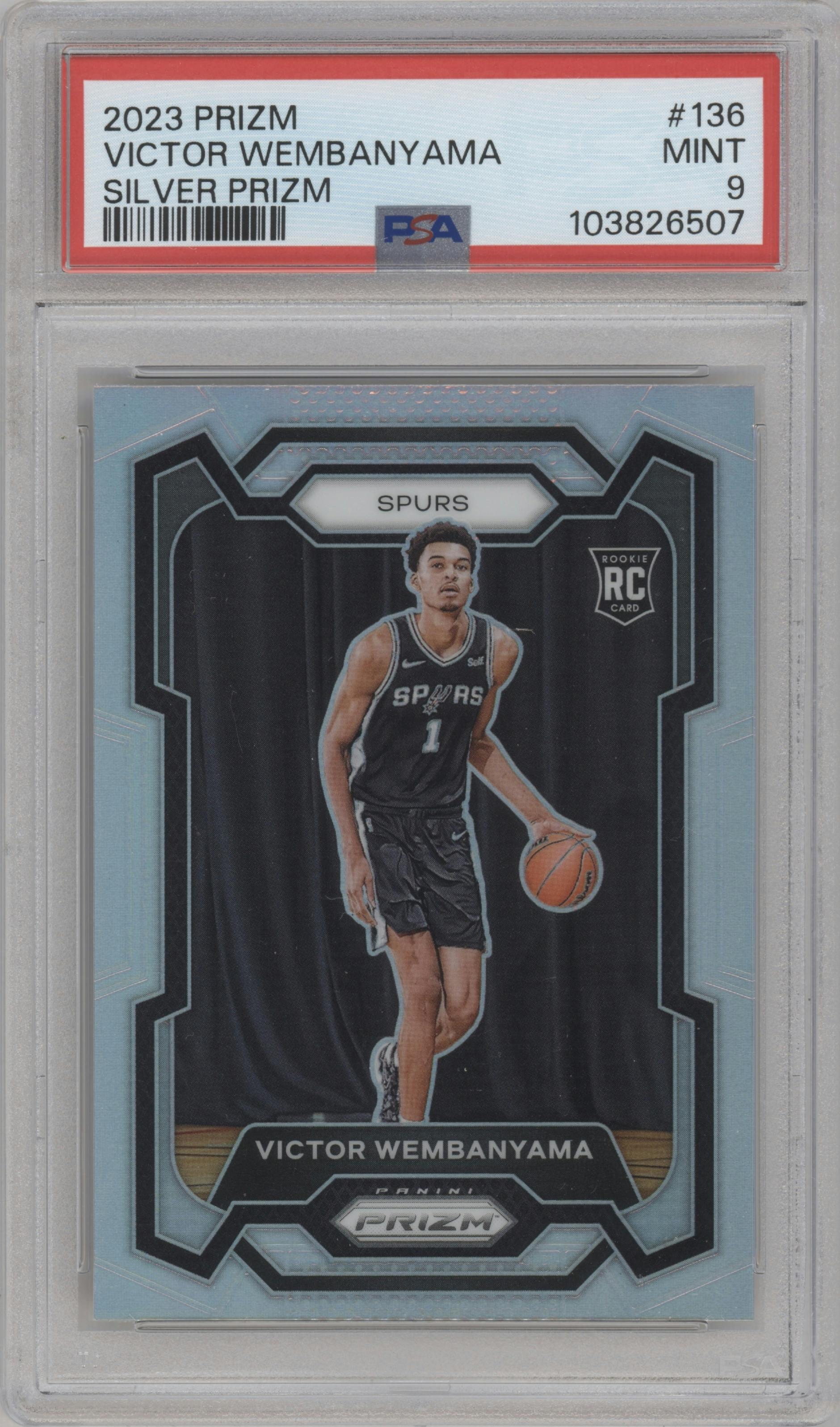 Victor Wembanyama from the 2023-24 Panini Prizm set featuring a Silver Prizm  parallel graded by PSA and given an overall grade of 9.