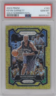 Kevin Garnett from the 2023-24 Panini Prizm set featuring a FOTL Gold Shimmer parallel graded by PSA and given an overall grade of 10.