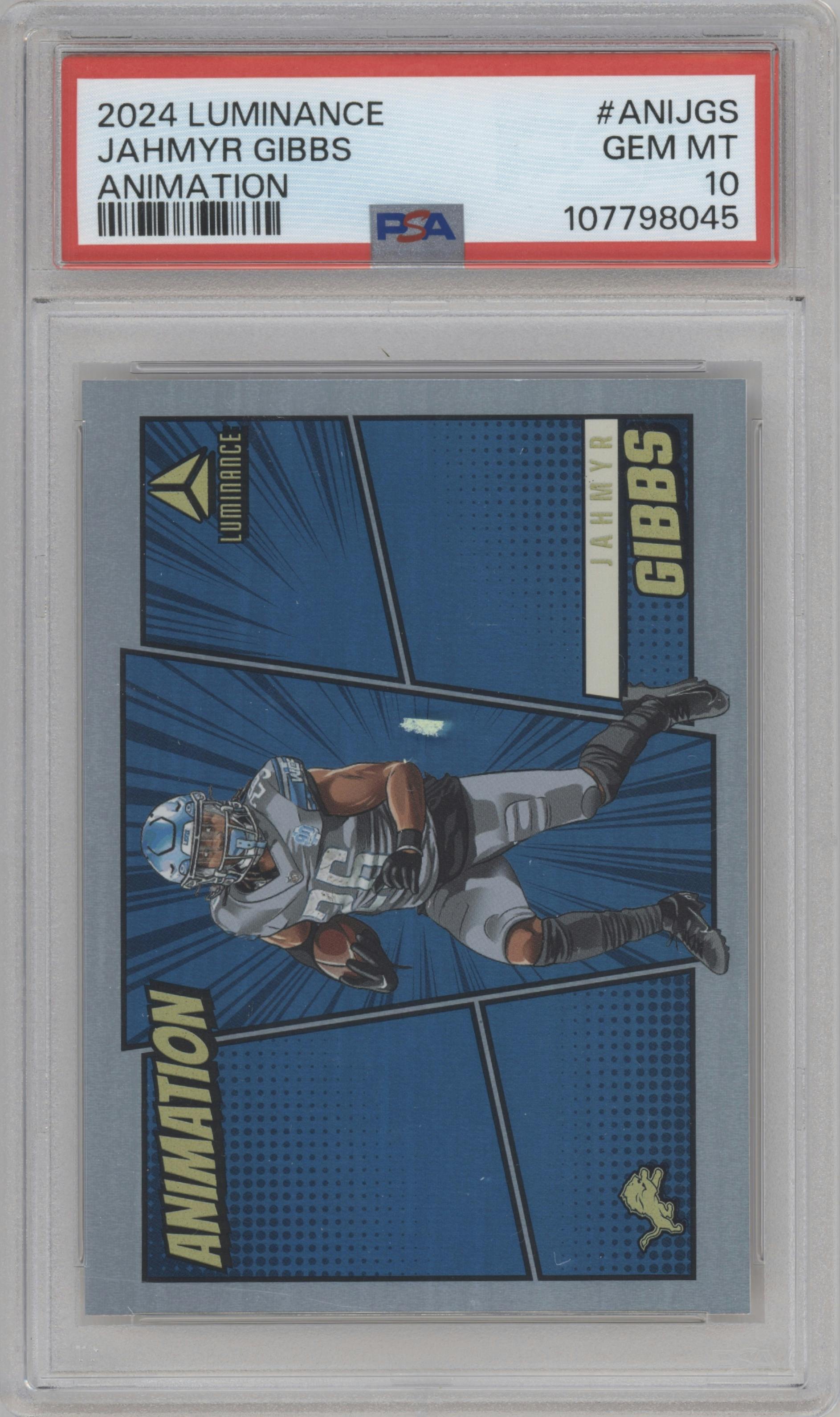 Jahmyr Gibbs from the 2024 Panini Luminance set graded by PSA and given an overall grade of 10.