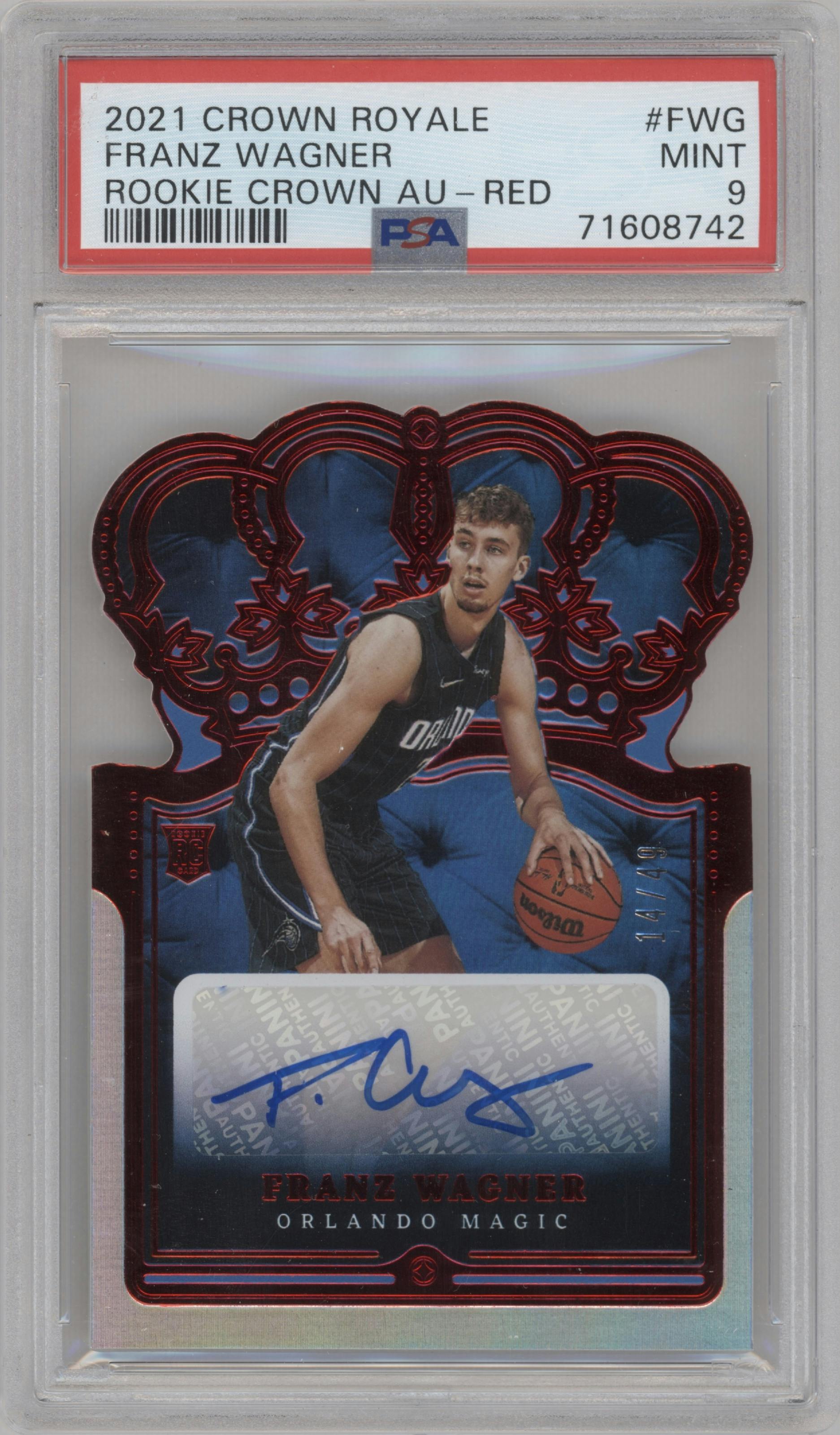 Franz Wagner from the 2021-22 Crown Royale set featuring a Red parallel graded by PSA and given an overall grade of 9.
