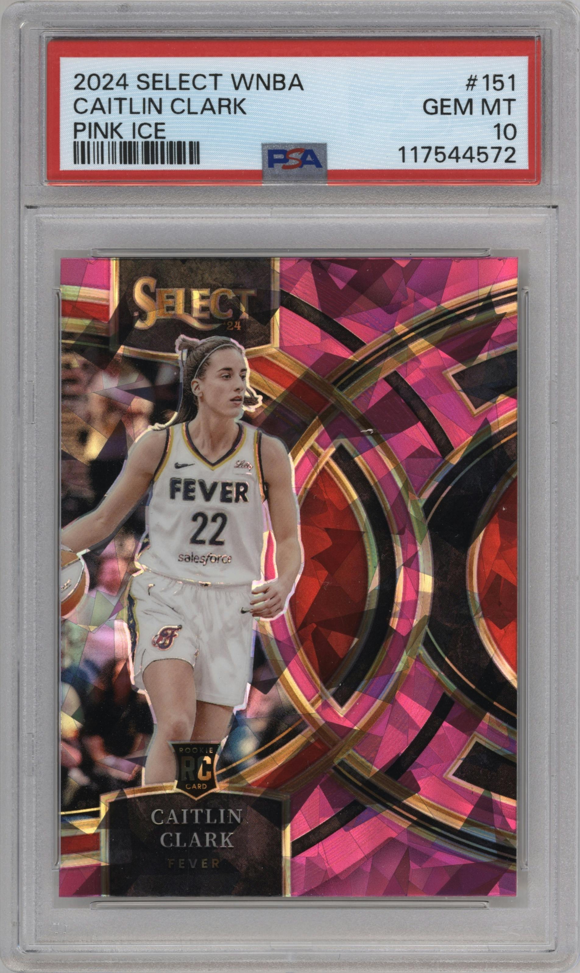 Caitlin Clark from the 2024 Panini Select WNBA set featuring a Pink Ice parallel graded by PSA and given an overall grade of 10.