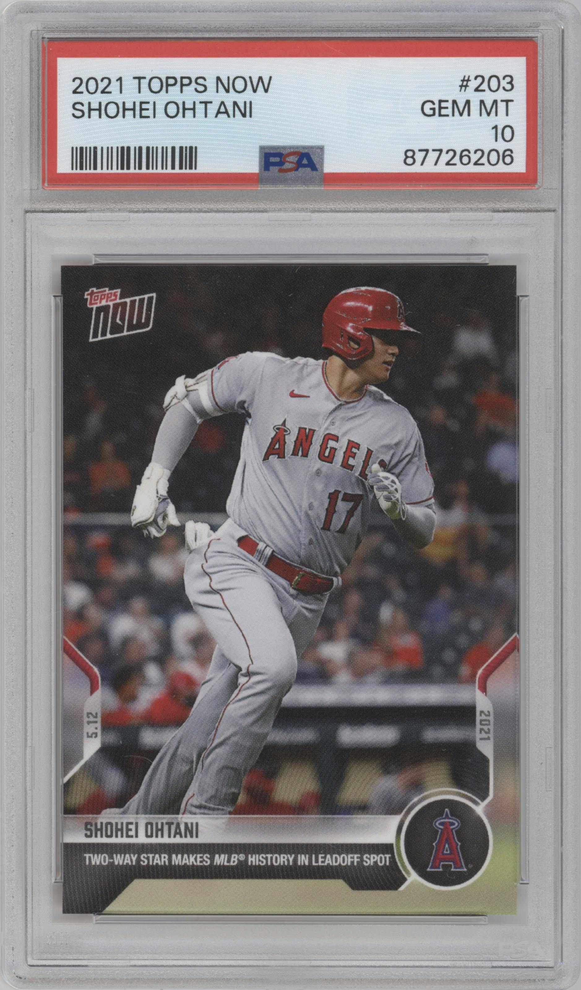 Shohei Ohtani from the 2021 Topps Now set graded by PSA and given an overall grade of 10.
