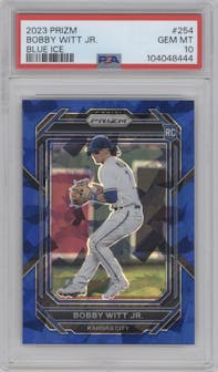 Bobby Witt Jr. from the 2023 Panini Prizm set featuring a Blue Ice Prizm parallel graded by PSA and given an overall grade of 10.