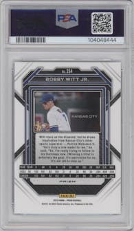 Bobby Witt Jr. from the 2023 Panini Prizm set featuring a Blue Ice Prizm parallel graded by PSA and given an overall grade of 10.