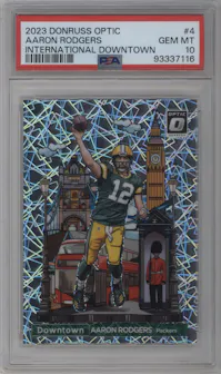 Aaron Rodgers from the 2023 Donruss Optic set graded by PSA and given an overall grade of 10.