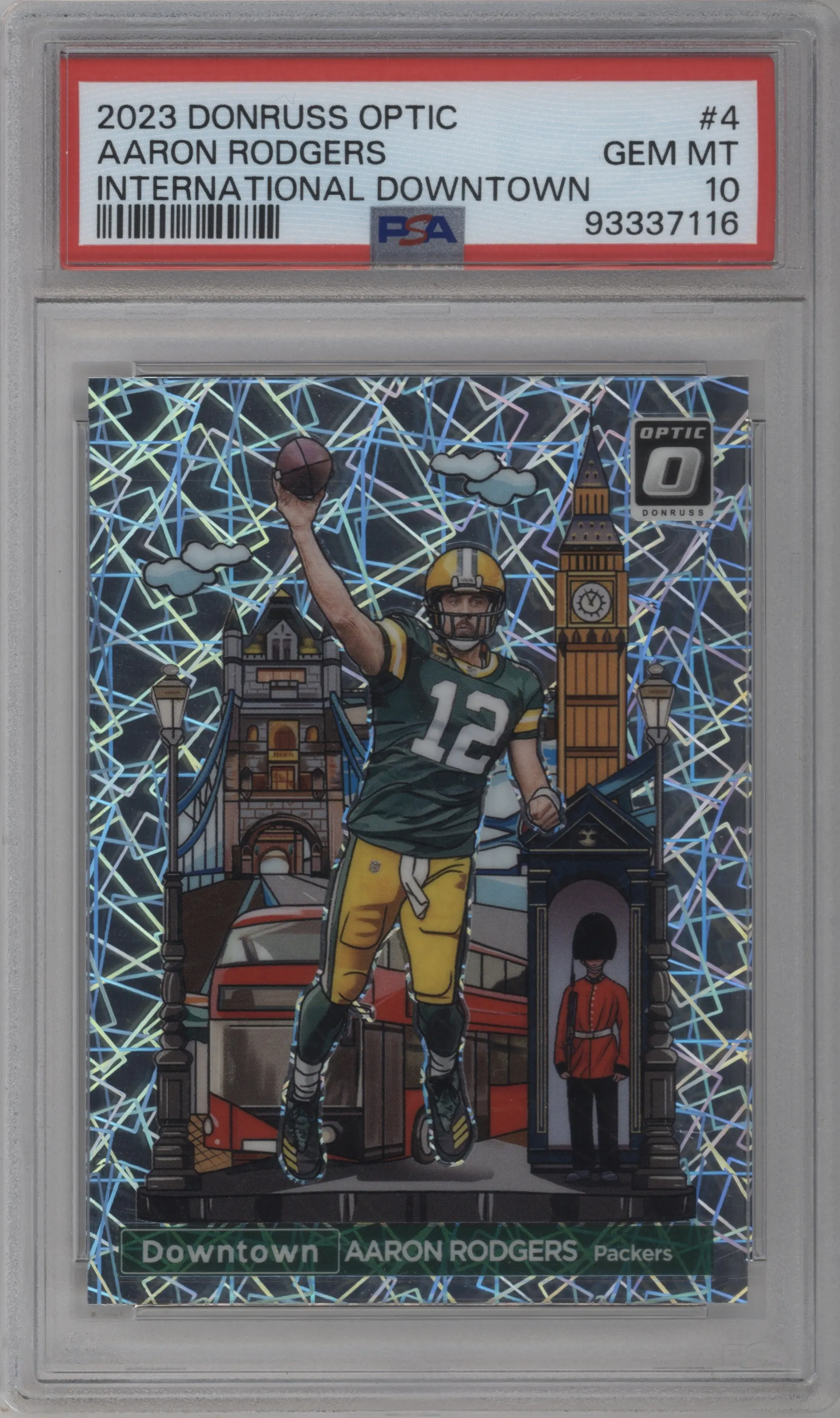 Aaron Rodgers from the 2023 Donruss Optic set graded by PSA and given an overall grade of 10.