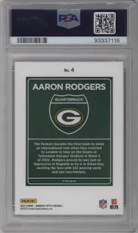 Aaron Rodgers from the 2023 Donruss Optic set graded by PSA and given an overall grade of 10.