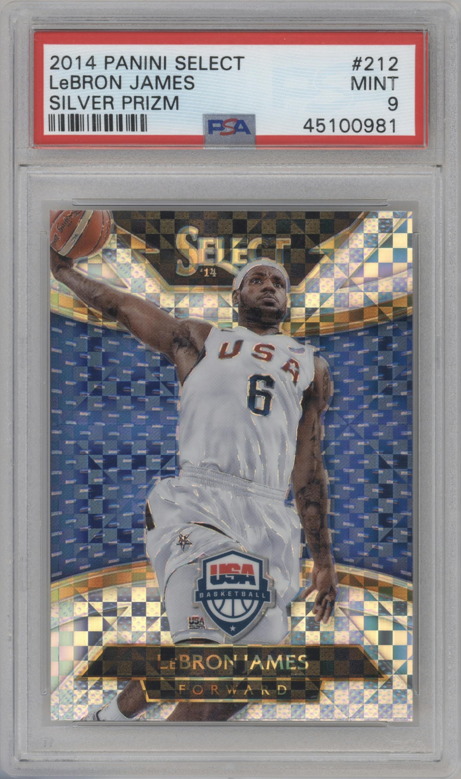 LeBron James from the 2014-15 Panini Select set featuring a Silver Prizm parallel graded by PSA and given an overall grade of 9.