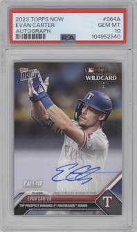 Evan Carter from the 2023 Topps Now set featuring a Full Color parallel graded by PSA and given an overall grade of 10.