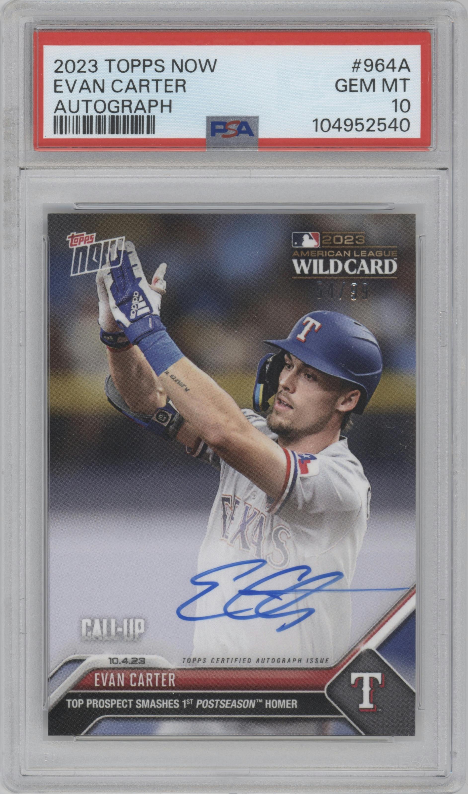 Evan Carter from the 2023 Topps Now set featuring a Full Color parallel graded by PSA and given an overall grade of 10.