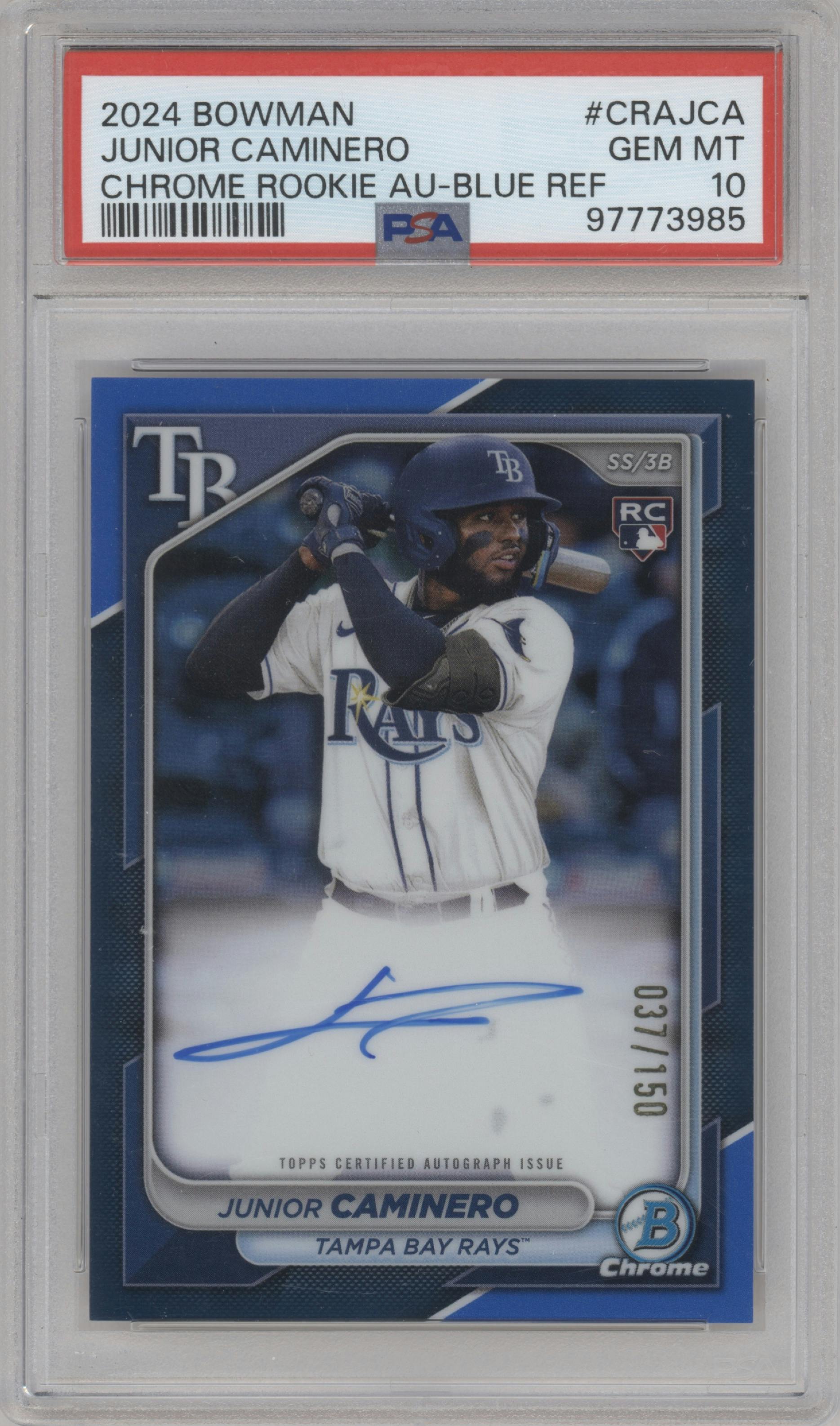 Junior Caminero from the 2024 Bowman set featuring a Blue Refractor parallel graded by PSA and given an overall grade of 10.