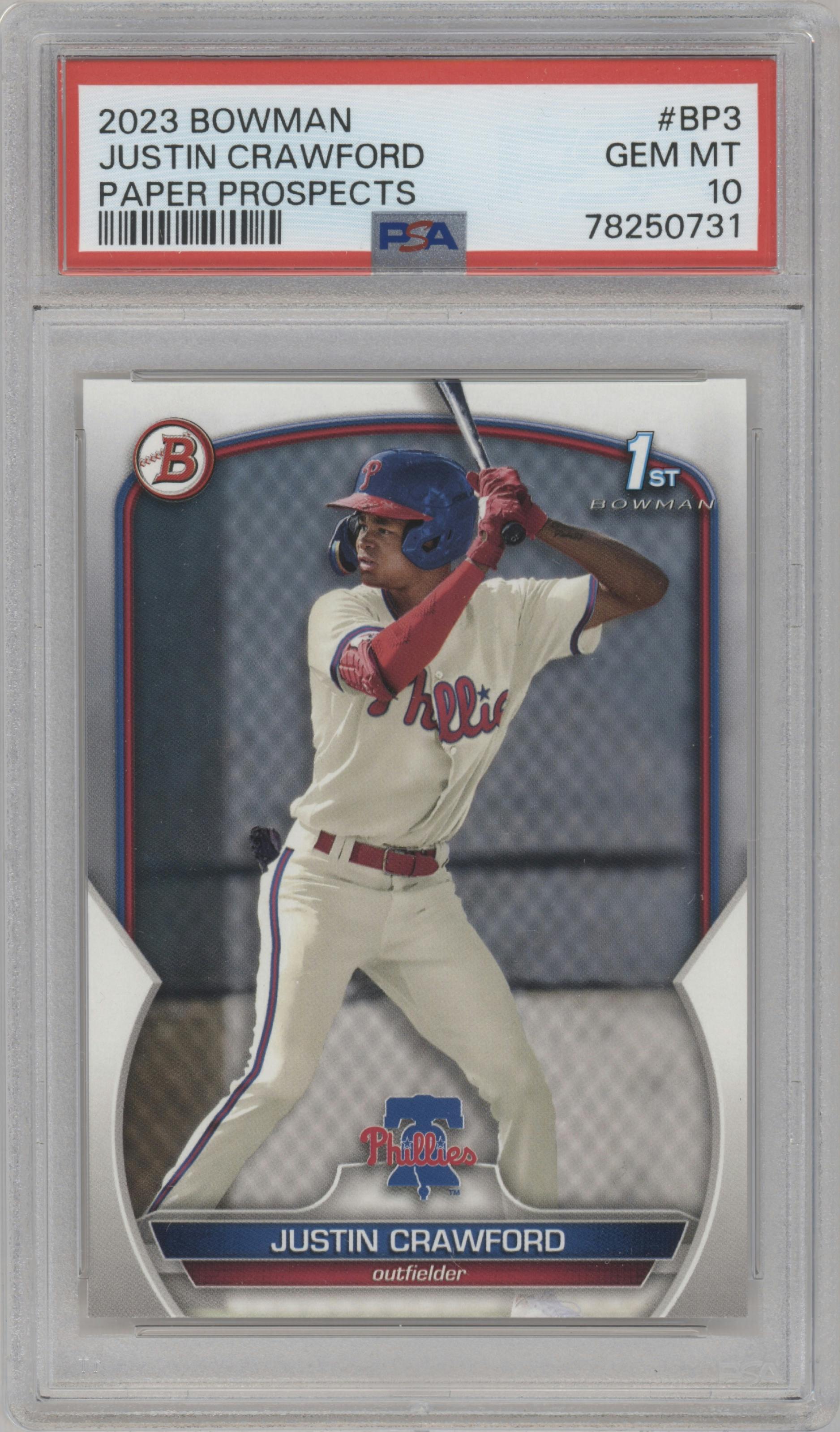 Justin Crawford from the 2023 Bowman  set graded by PSA and given an overall grade of 10.