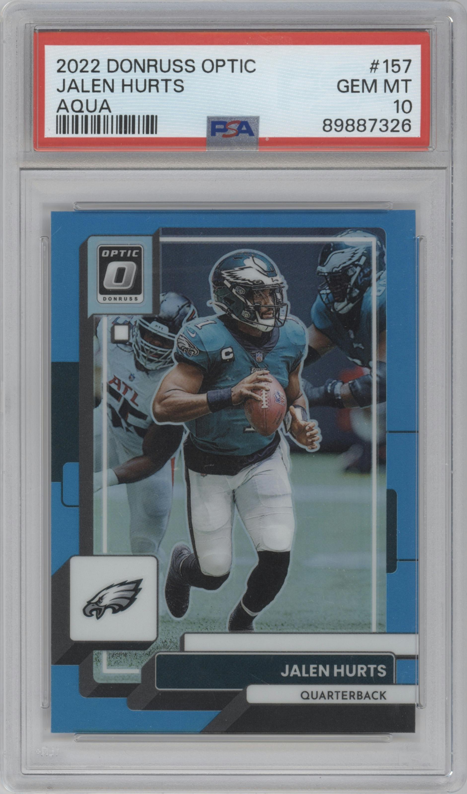 Jalen Hurts from the 2022 Panini Donruss Optic set featuring a Aqua parallel graded by PSA and given an overall grade of 10.