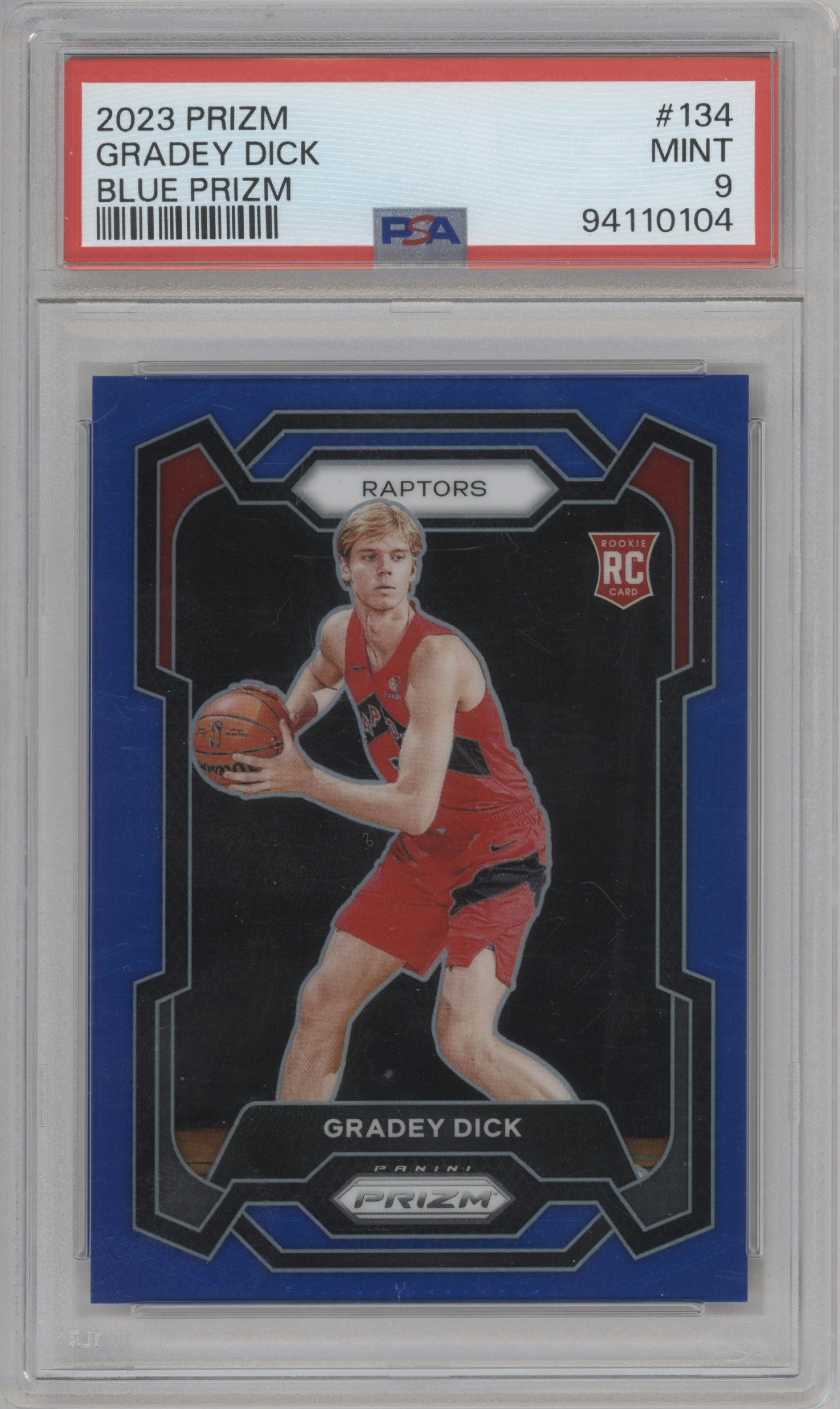 Gradey Dick from the 2023-24 Panini Prizm set featuring a Blue Prizm parallel graded by PSA and given an overall grade of 9.