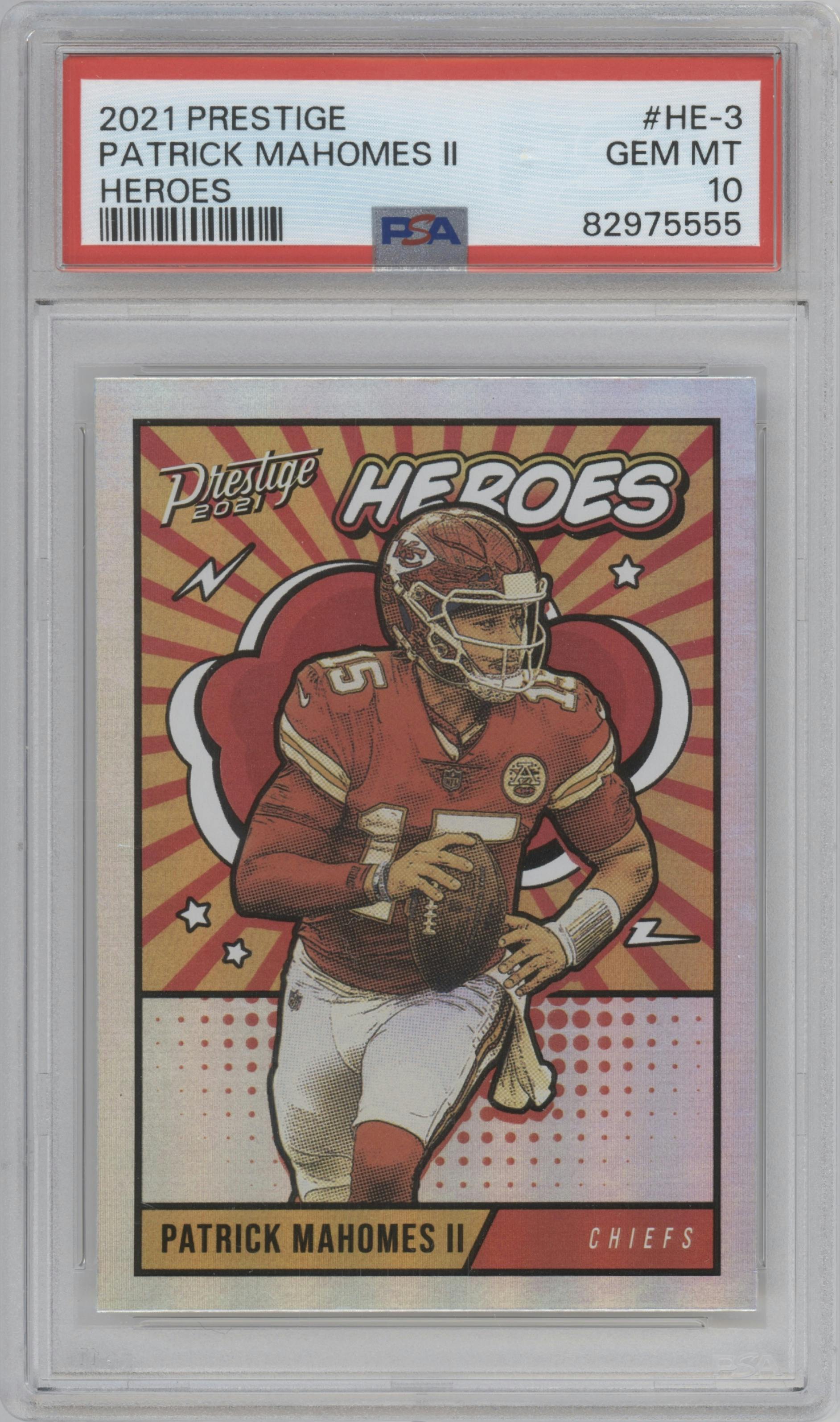 Patrick Mahomes II from the 2021 Panini Prestige set graded by PSA and given an overall grade of 10.