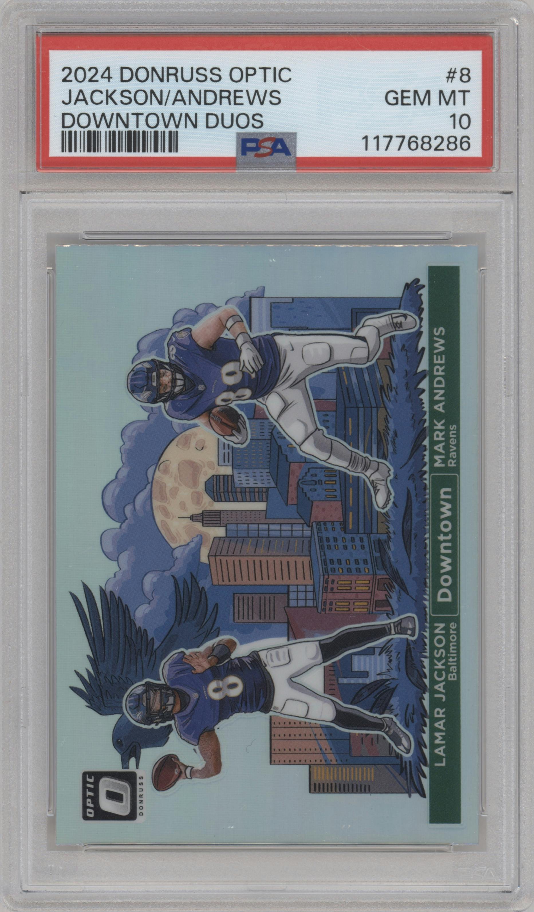 Lamar Jackson/Mark Andrews from the 2024 Donruss Optic set graded by PSA and given an overall grade of 10.