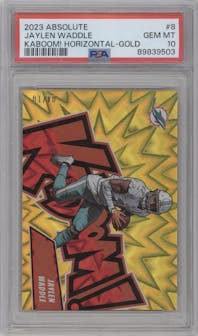 Jaylen Waddle from the 2023 Panini Absolute set featuring a Gold parallel graded by PSA and given an overall grade of 10.