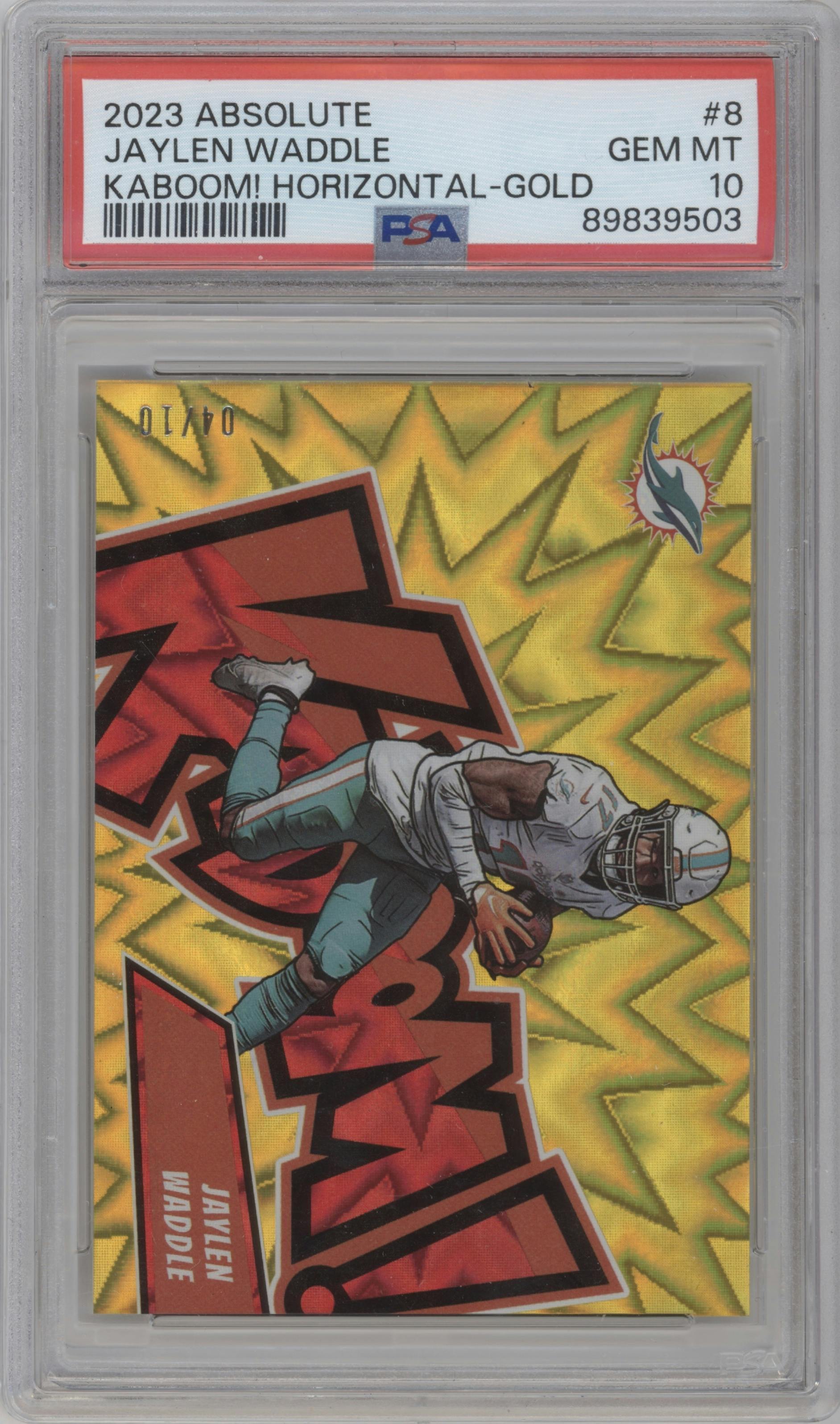 Jaylen Waddle from the 2023 Panini Absolute set featuring a Gold parallel graded by PSA and given an overall grade of 10.