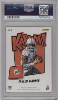 Jaylen Waddle from the 2023 Panini Absolute set featuring a Gold parallel graded by PSA and given an overall grade of 10.