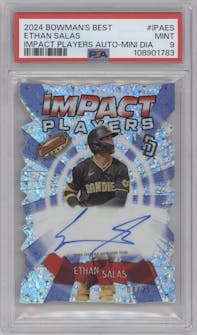 Ethan Salas from the 2024 Bowman's Best set featuring a Mini-Diamond Refractor parallel graded by PSA and given an overall grade of 9.