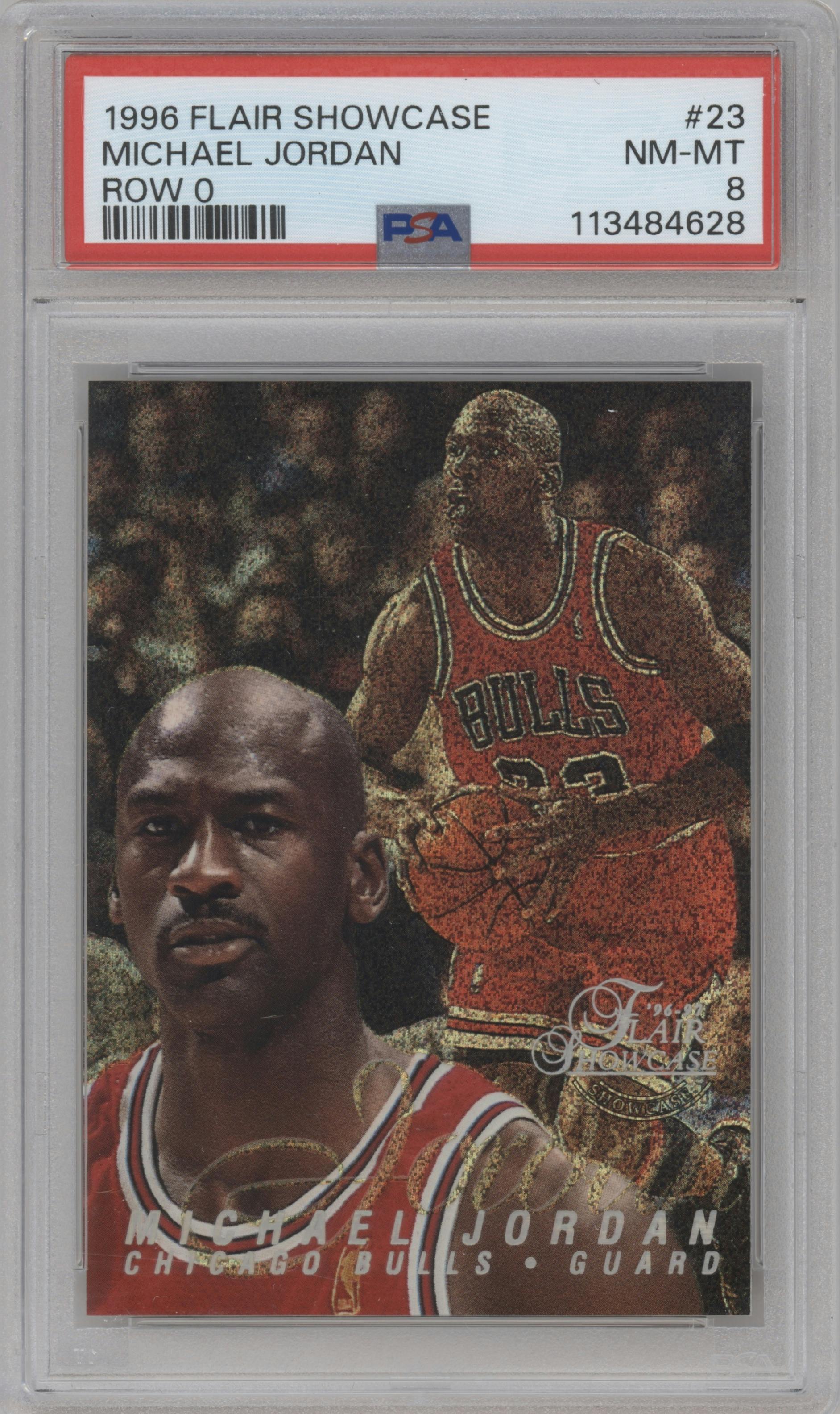 Michael Jordan from the 1996-97 Flair Showcase  set graded by PSA and given an overall grade of 8.