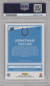 Jonathan Taylor from the 2020 Panini Donruss set featuring a Pink parallel graded by PSA and given an overall grade of 10.