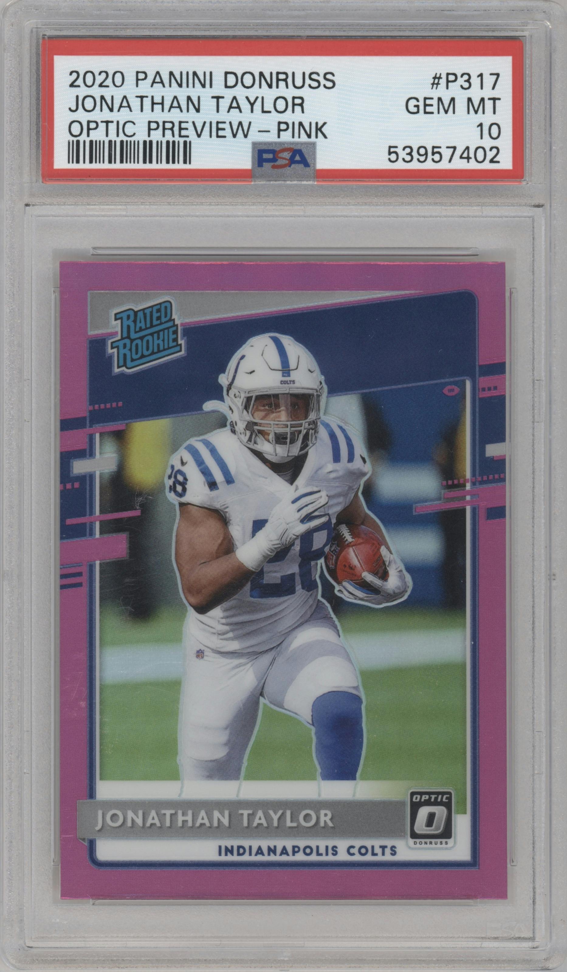 Jonathan Taylor from the 2020 Panini Donruss set featuring a Pink parallel graded by PSA and given an overall grade of 10.